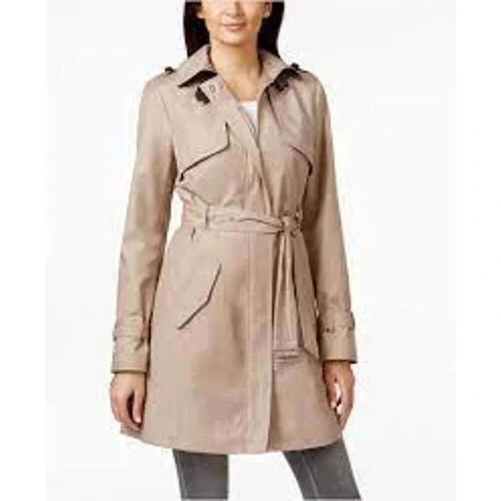 Cole Haan Pink Nude M Medium Belted Trench Coat Removable Hood Zip Up